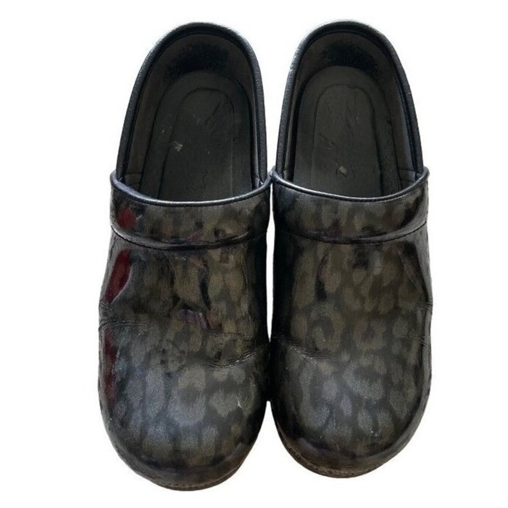 Dansko Clogs Shoes Womens Size 38 Black‎ Gray Animal Print Comfort Slip On